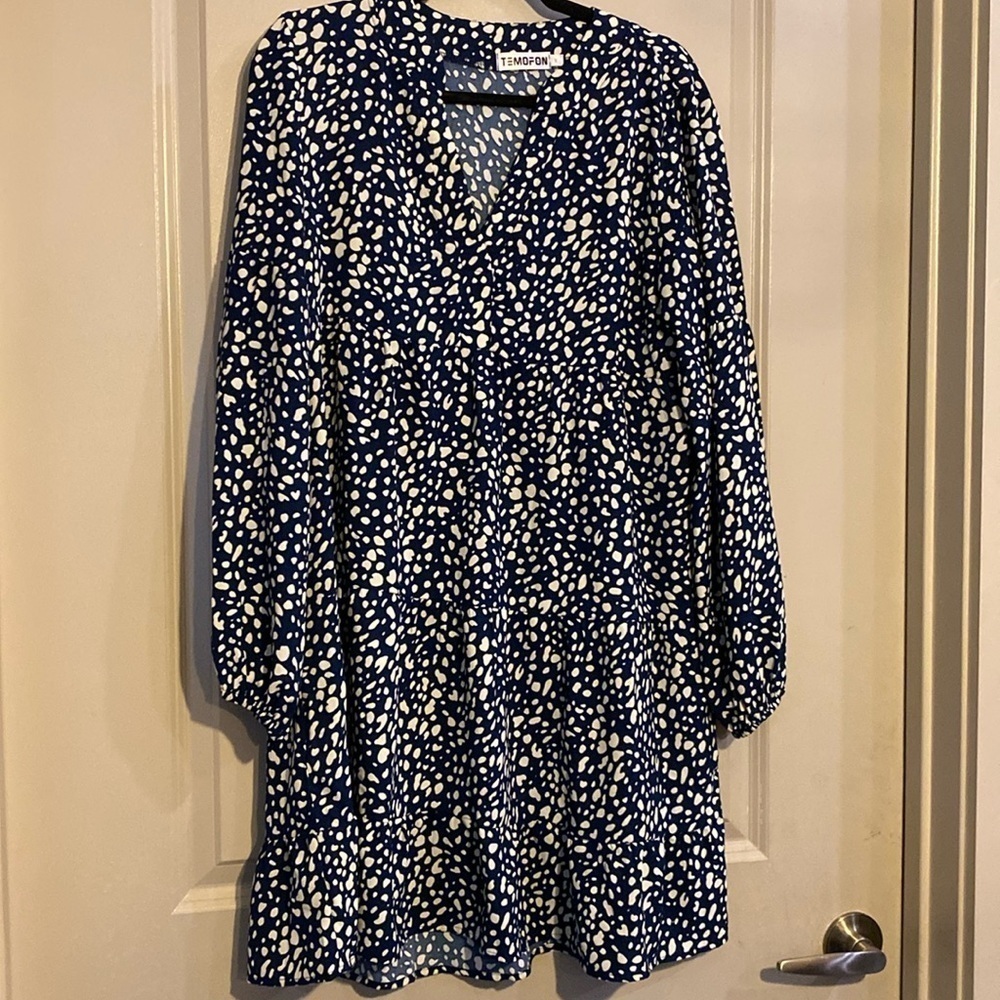 Temofon dress tiered casual comfy blue & cream size medium new
